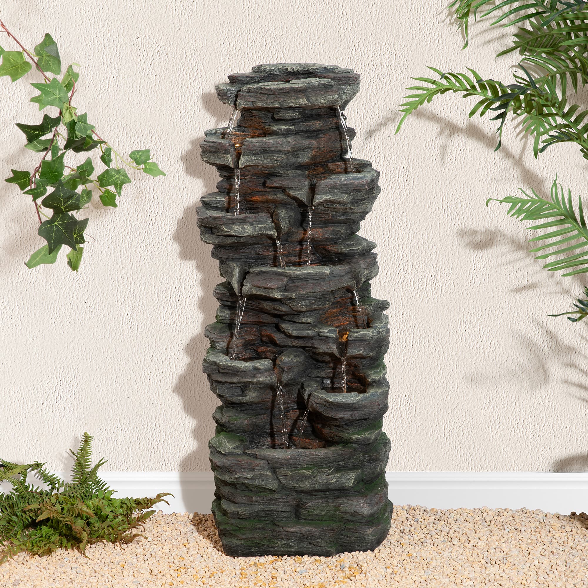 Glitzhome® 39.25" LED 9-Tier Cascading Rock Polyresin Outdoor Fountain